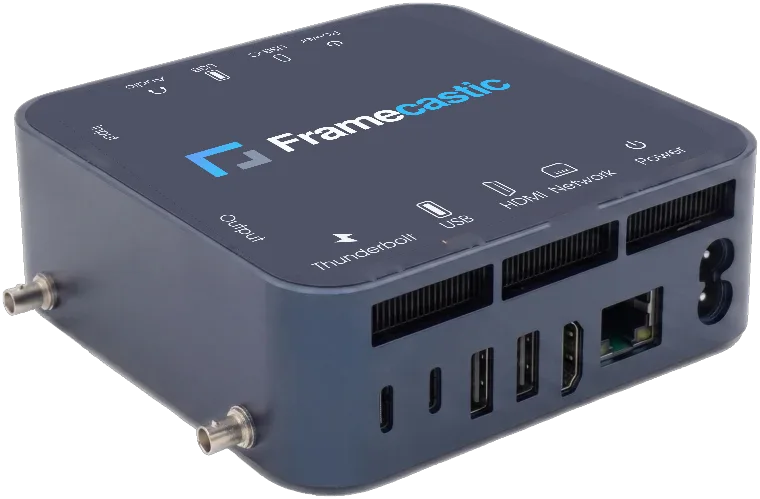 Portable Codec: a small desktop box with one SDI input and one SDI output on BNC connectors at the side, and HDMI, LAN, USB and power at the rear