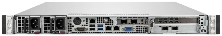ST 2110 Decoder, 1 RU rear panel: dual redundant power supplies and two 25GbE network cards carrying four 25GbE SFP28 ports